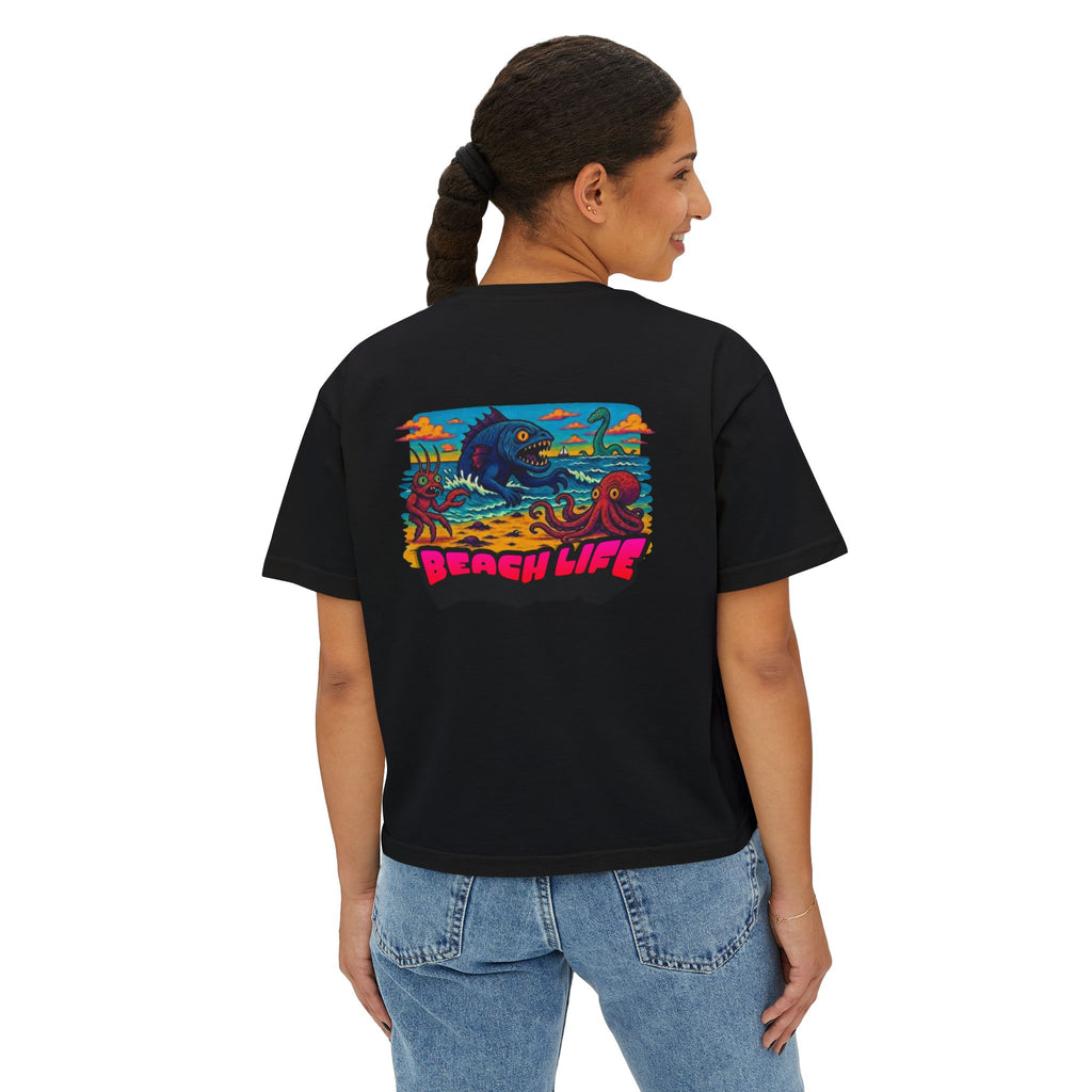 T&P- Whimsical Beach Life Women's Boxy Tee — Funny Scary Sea Creatures Vacation Shirt