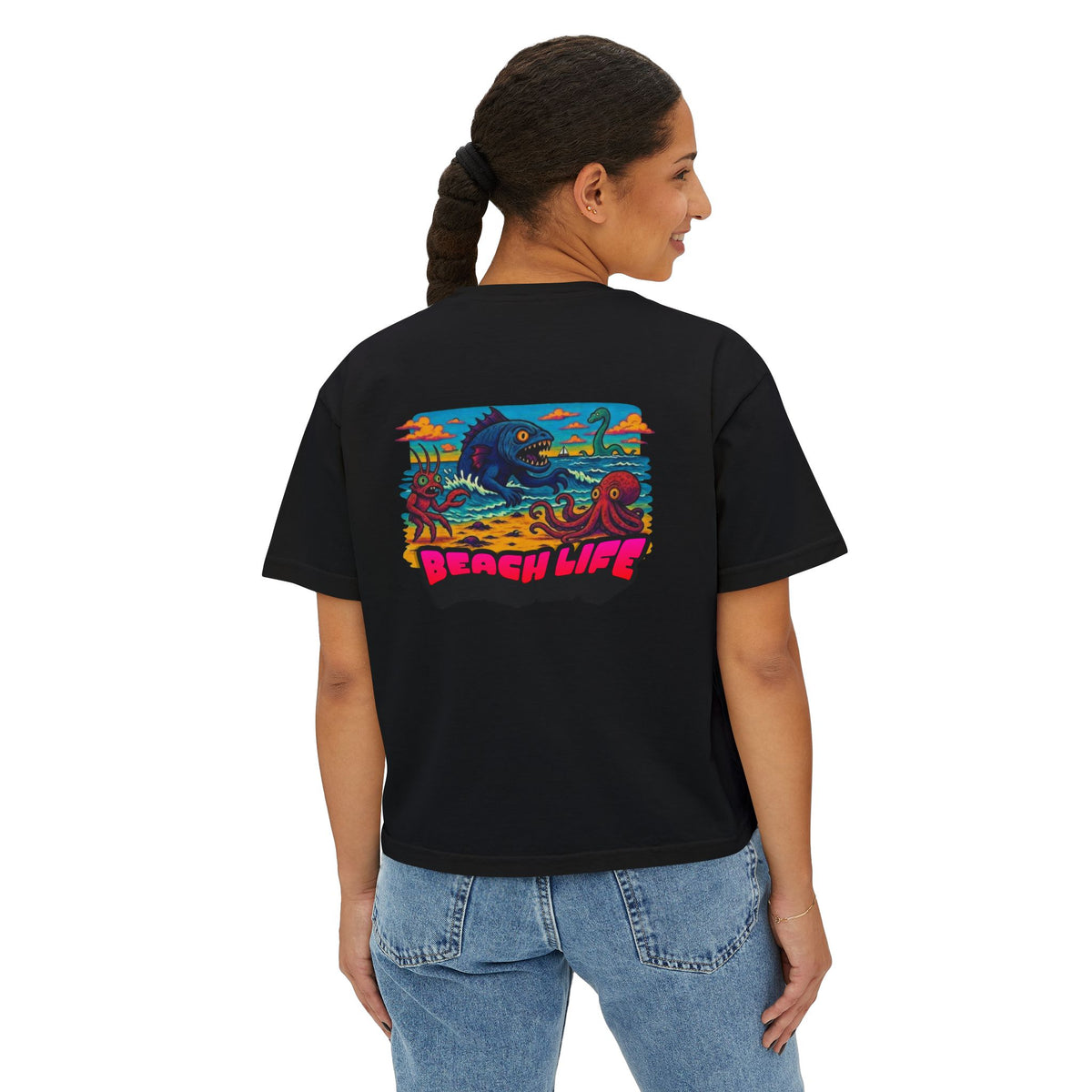 T&P- Whimsical Beach Life Women's Boxy Tee — Funny Scary Sea Creatures Vacation Shirt