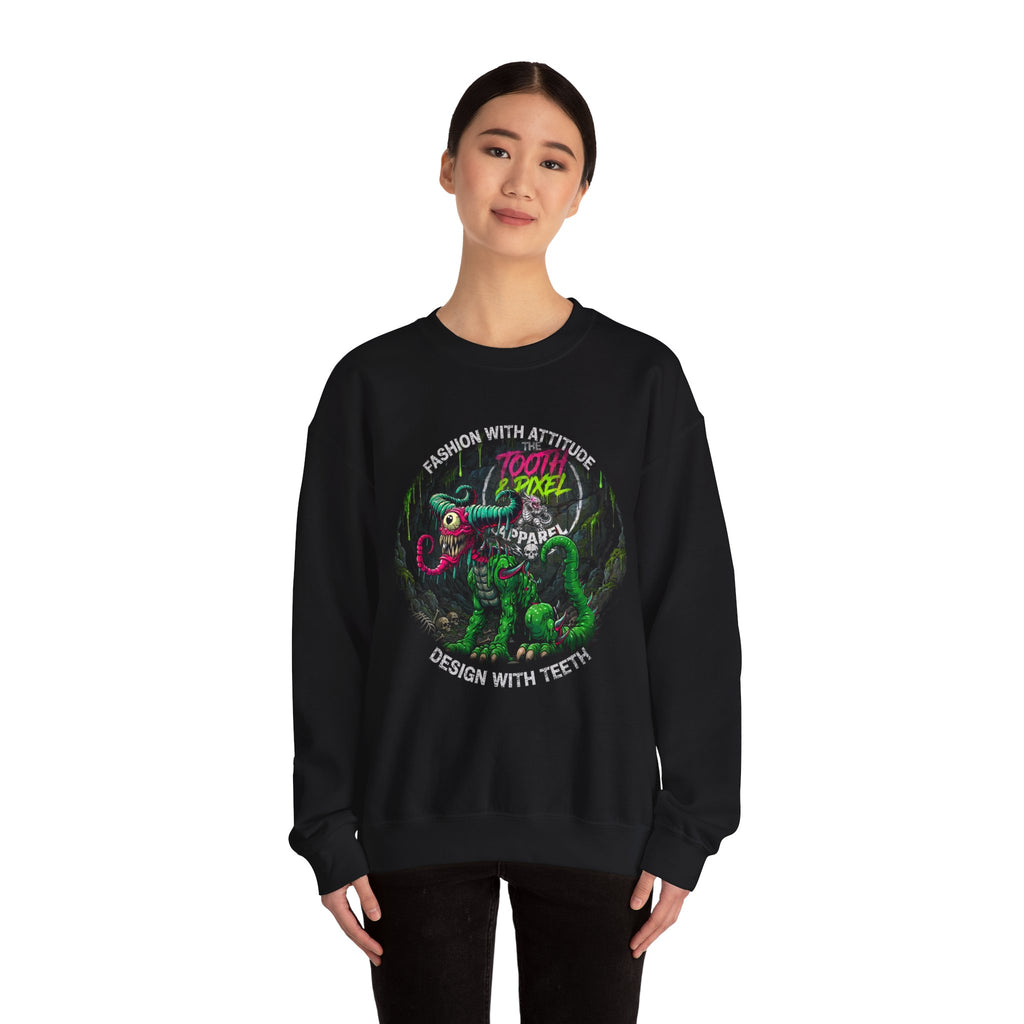 Tooth and Pixel- 'Ike'- Crewneck Sweatshirt — Cave Dwelling Green Cyclops with Logo.