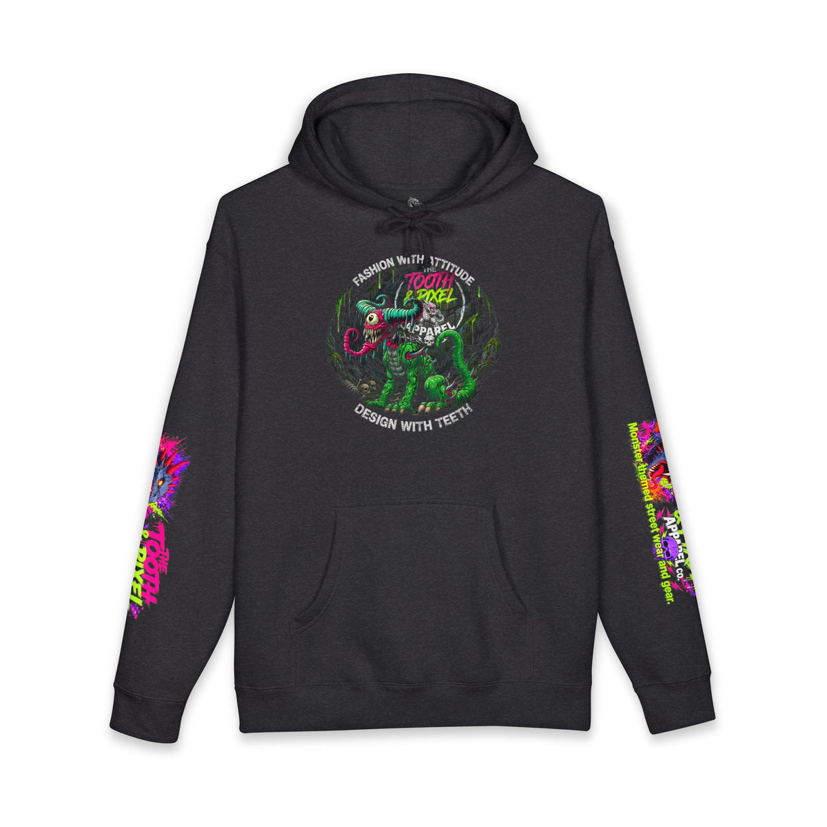 T&P- 'Ike'  Hoodie- Green Cave Creature with Tooth and Pixel Logo. Features colorful Sleeve branding