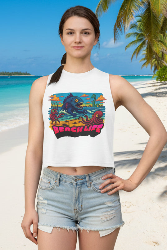 T&P- Funny Whimsical Beach Life Crop Top — Retro Surf Monster Graphic Tank for Summer