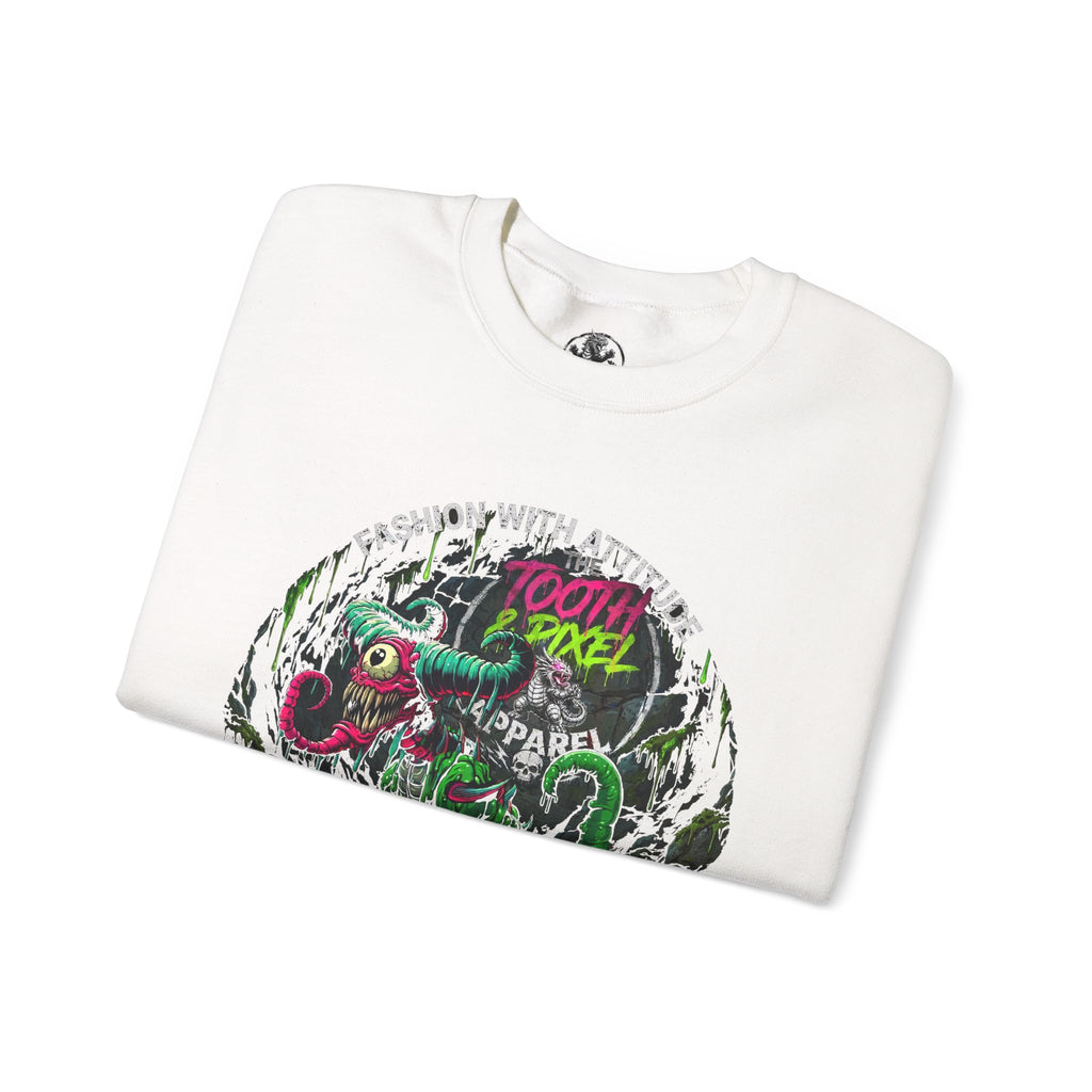 Tooth and Pixel- 'Ike'- Crewneck Sweatshirt — Cave Dwelling Green Cyclops with Logo.