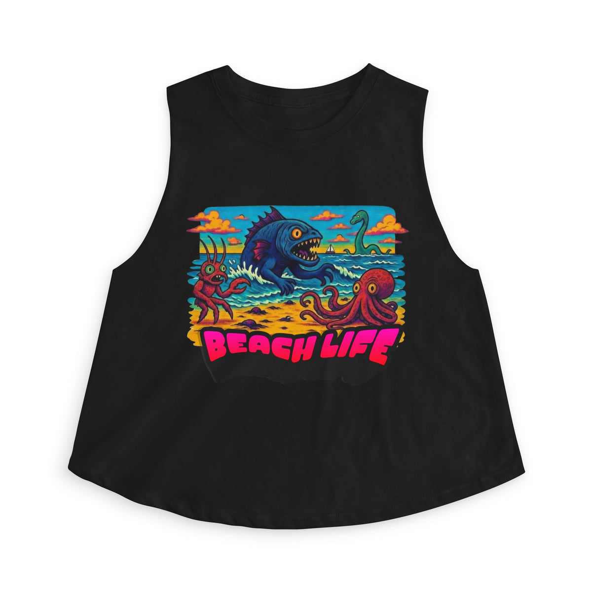 T&P- Funny Whimsical Beach Life Crop Top — Retro Surf Monster Graphic Tank for Summer