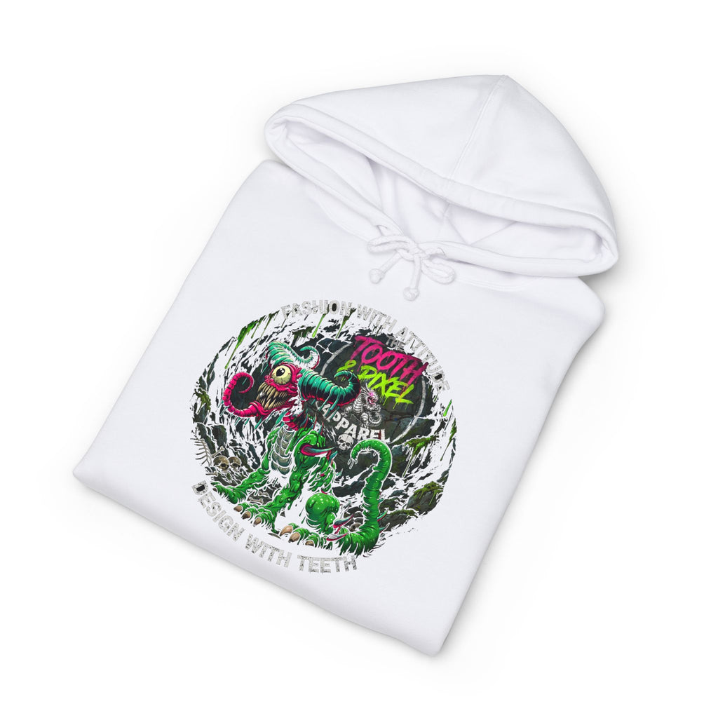T&P- 'Ike'  Hoodie- Green Cave Creature with Tooth and Pixel Logo. Features colorful Sleeve branding