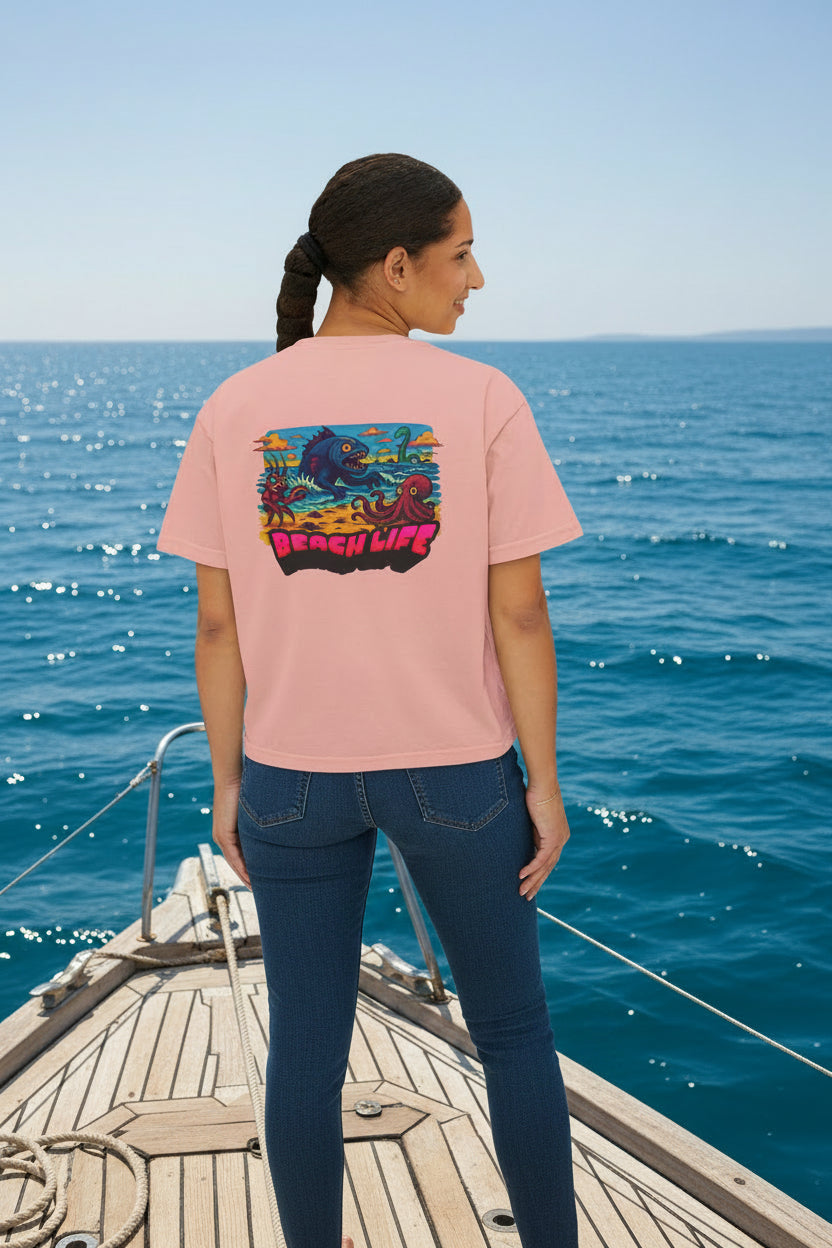 T&P- Whimsical Beach Life Women's Boxy Tee — Funny Scary Sea Creatures Vacation Shirt