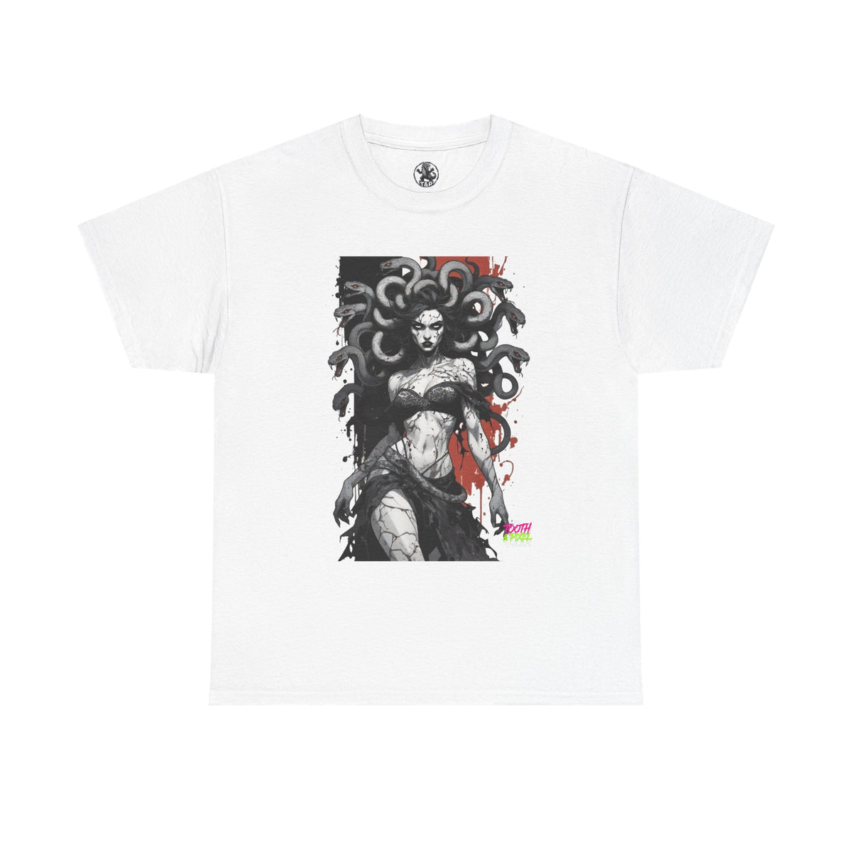 Tooth and Pixel- In the pale light Medusa Gothic Art Tee – Mythic Snake-Headed Woman Graphic Shirt