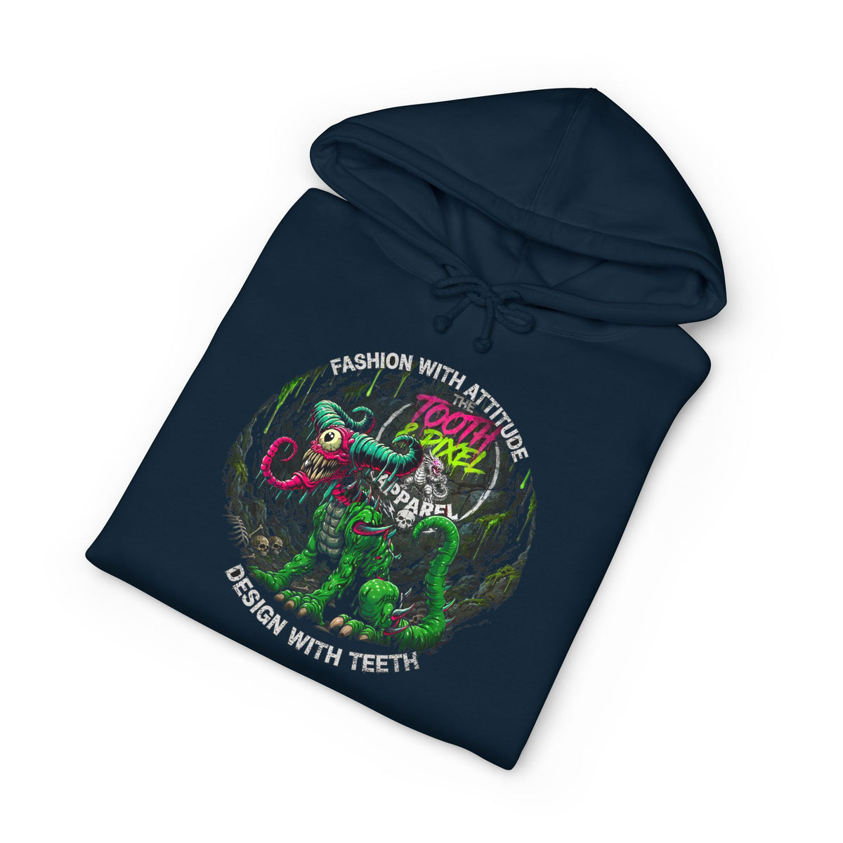 T&P- 'Ike'  Hoodie- Green Cave Creature with Tooth and Pixel Logo. Features colorful Sleeve branding