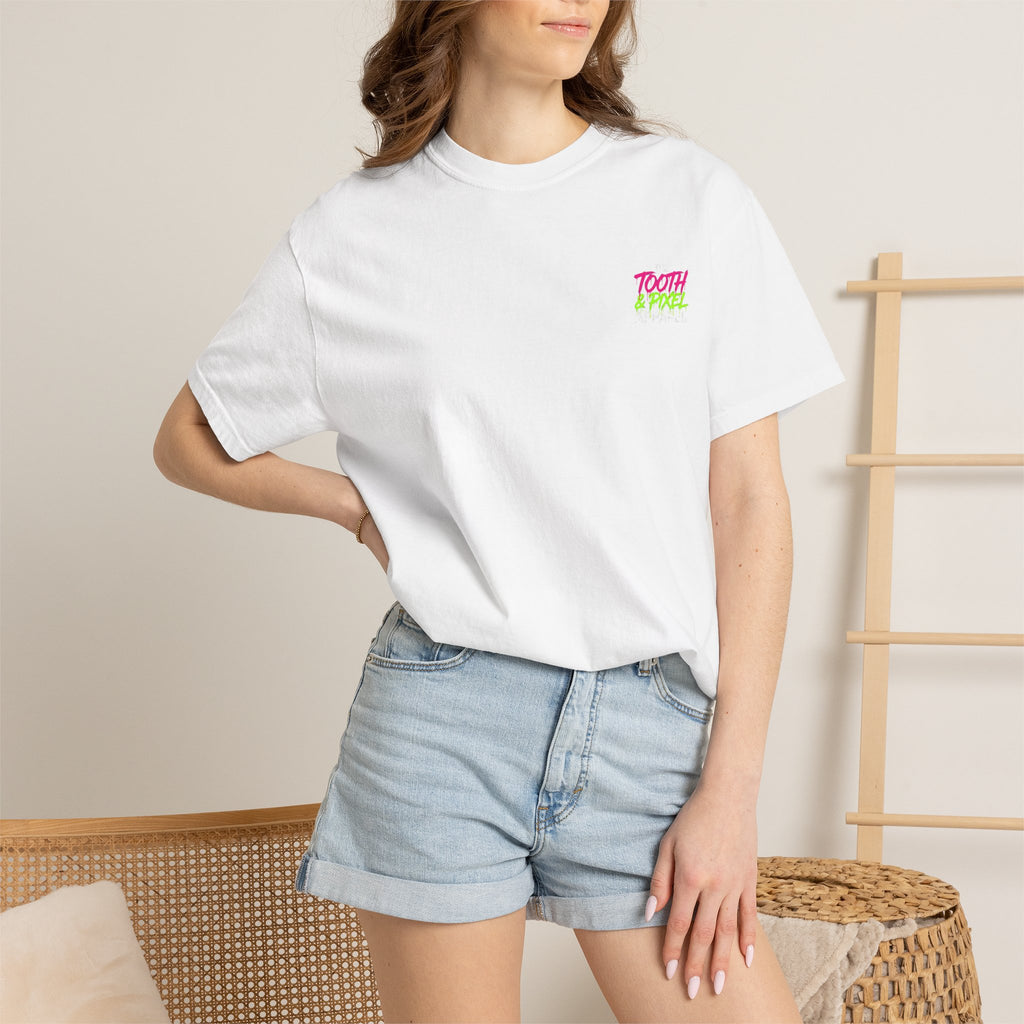 Tooth and Pixel- 'Kraken's Surf Shop'— Neon Neo punk surf, Shark, Monster, Large design T-shirt.
