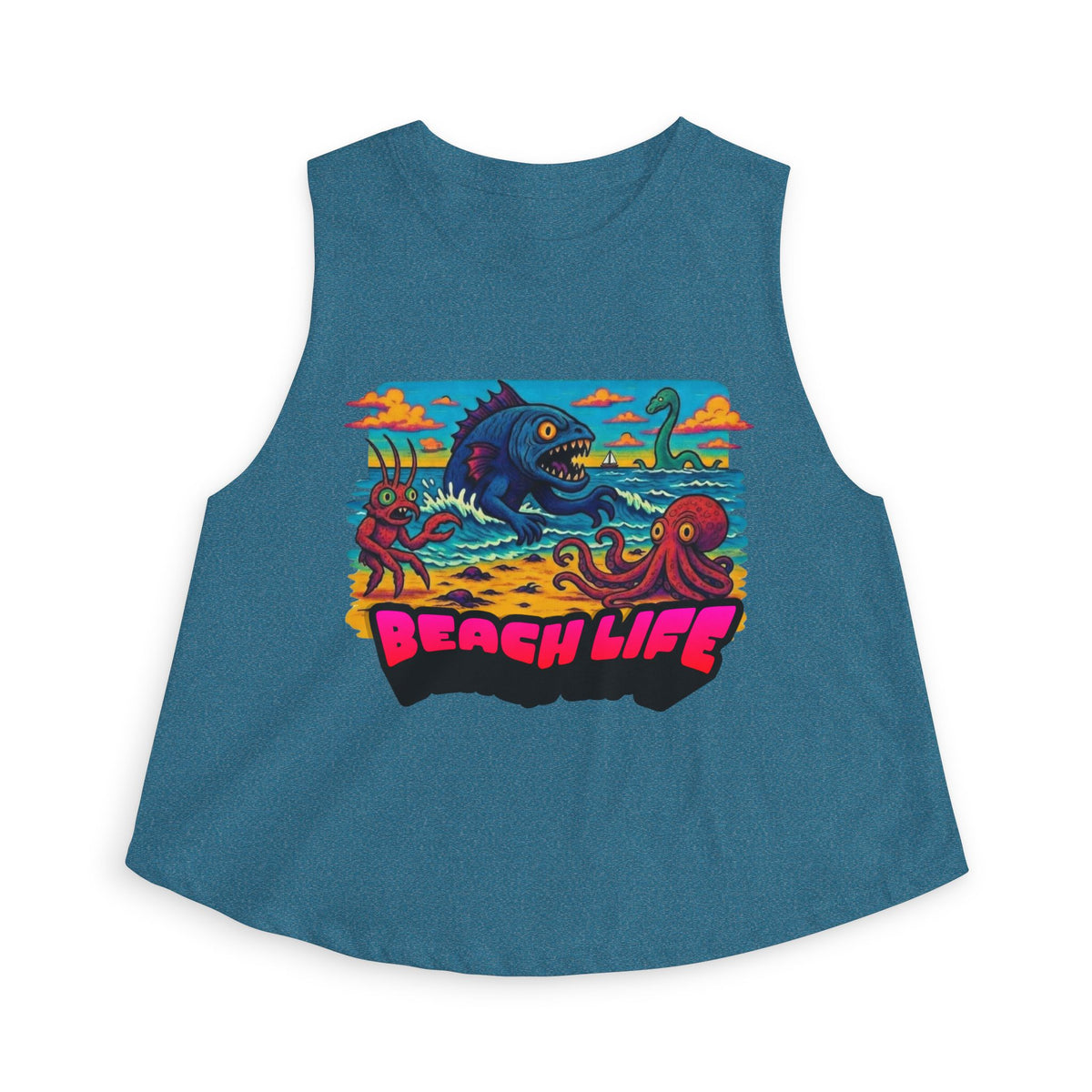 T&P- Funny Whimsical Beach Life Crop Top — Retro Surf Monster Graphic Tank for Summer