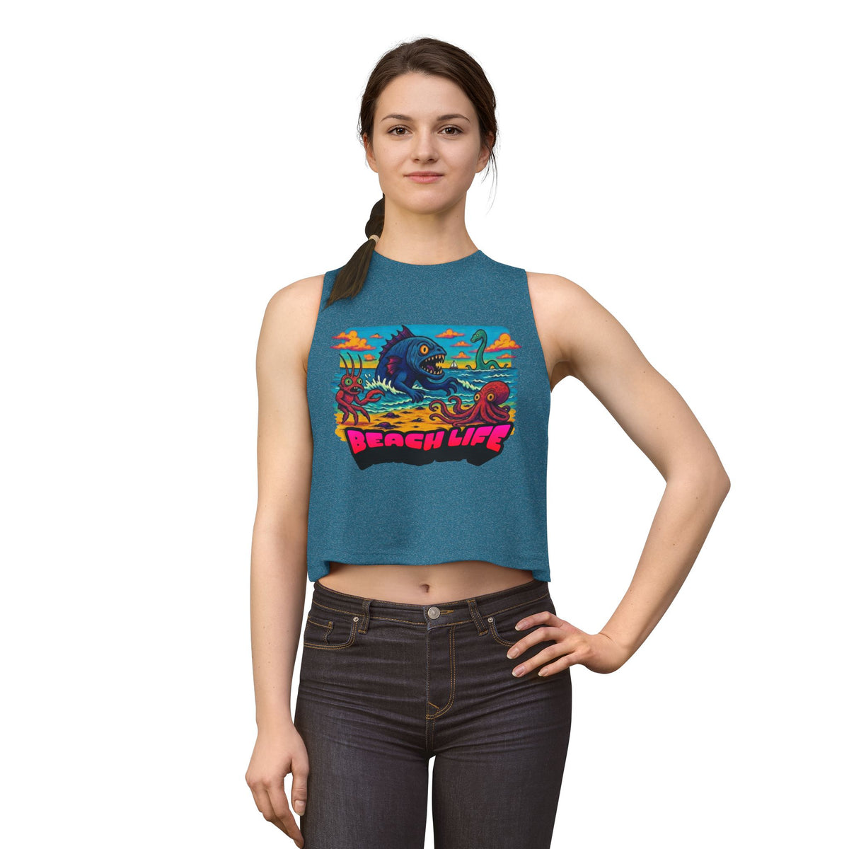 T&P- Funny Whimsical Beach Life Crop Top — Retro Surf Monster Graphic Tank for Summer