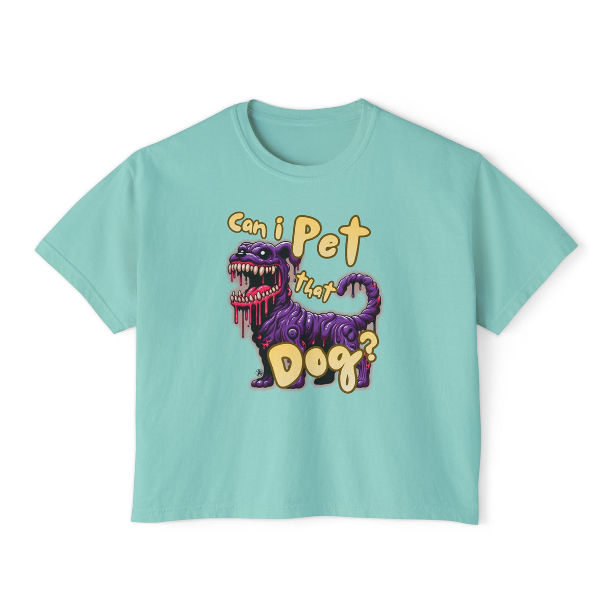 T&P- 'Can I Pet That Dog?'  Women's Boxy Tee – Cute yet Creepy Purple Monster Dog Graphic
