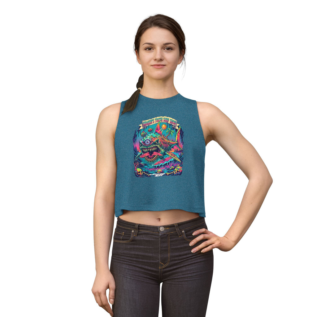 Tooth and Pixel- 'Kraken's Surf Shop'— Neon Neo punk surf, Shark, Monster Graphic Women's Crop Top.
