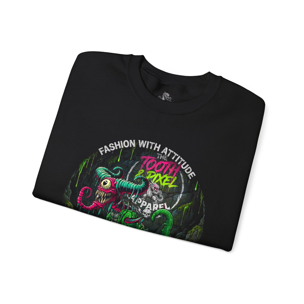 Tooth and Pixel- 'Ike'- Crewneck Sweatshirt — Cave Dwelling Green Cyclops with Logo.