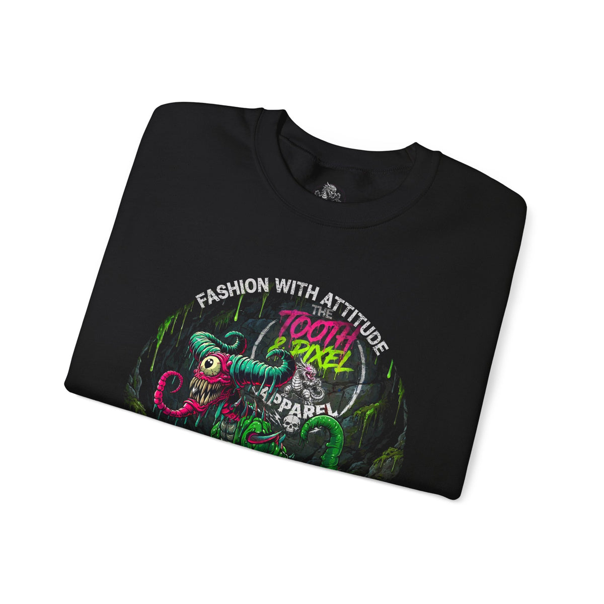 Tooth and Pixel- 'Ike'- Crewneck Sweatshirt — Cave Dwelling Green Cyclops with Logo.
