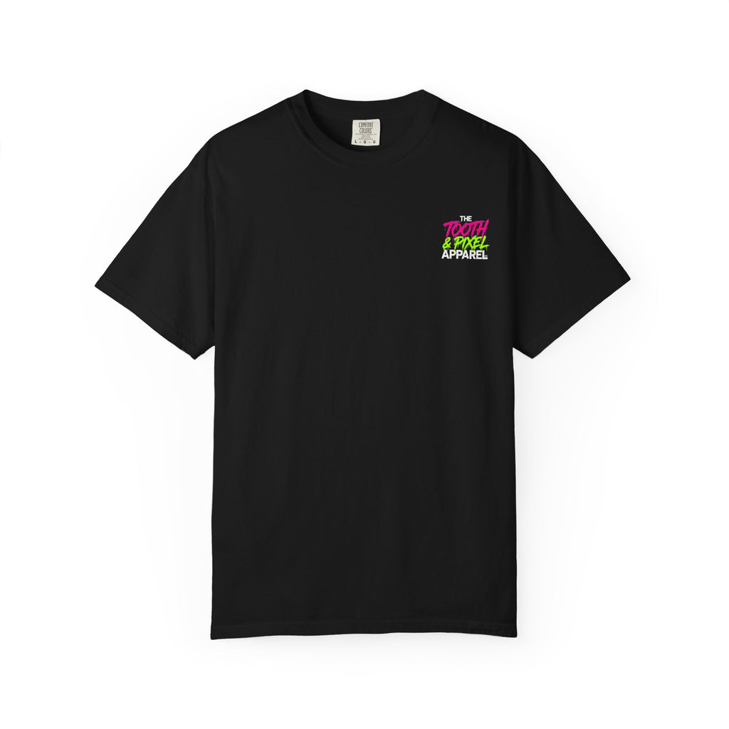 Tooth and Pixel- 'Kraken's Surf Shop'— Neon Neo punk surf, Shark, Monster, Large design T-shirt.