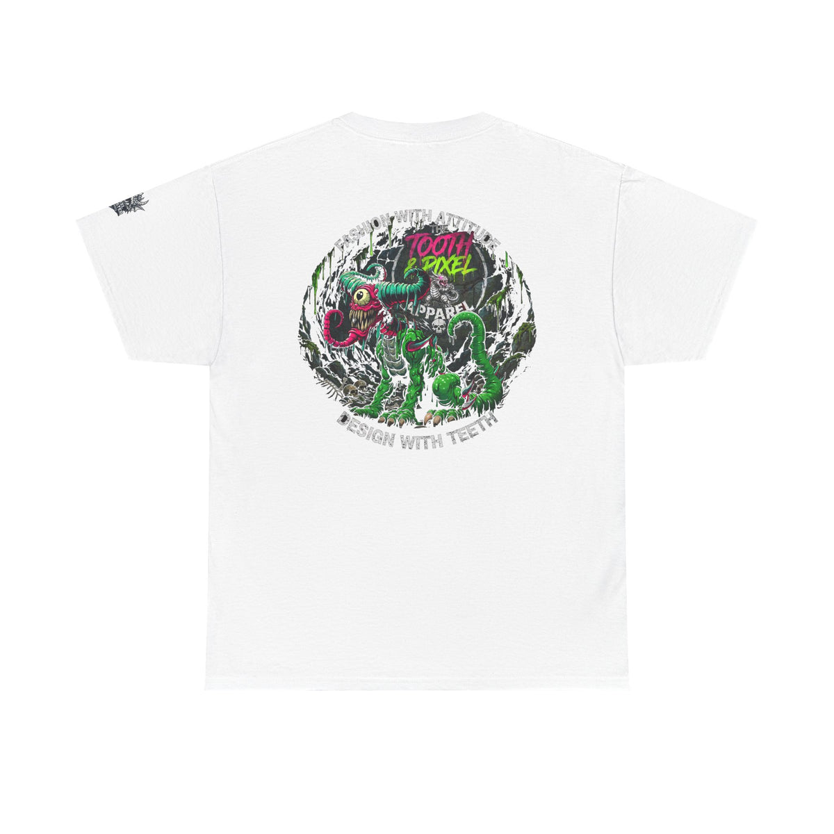 T&P- 'Ike' Green Cave Creature with Tooth and Pixel Logo. Unisex Adult Tee.