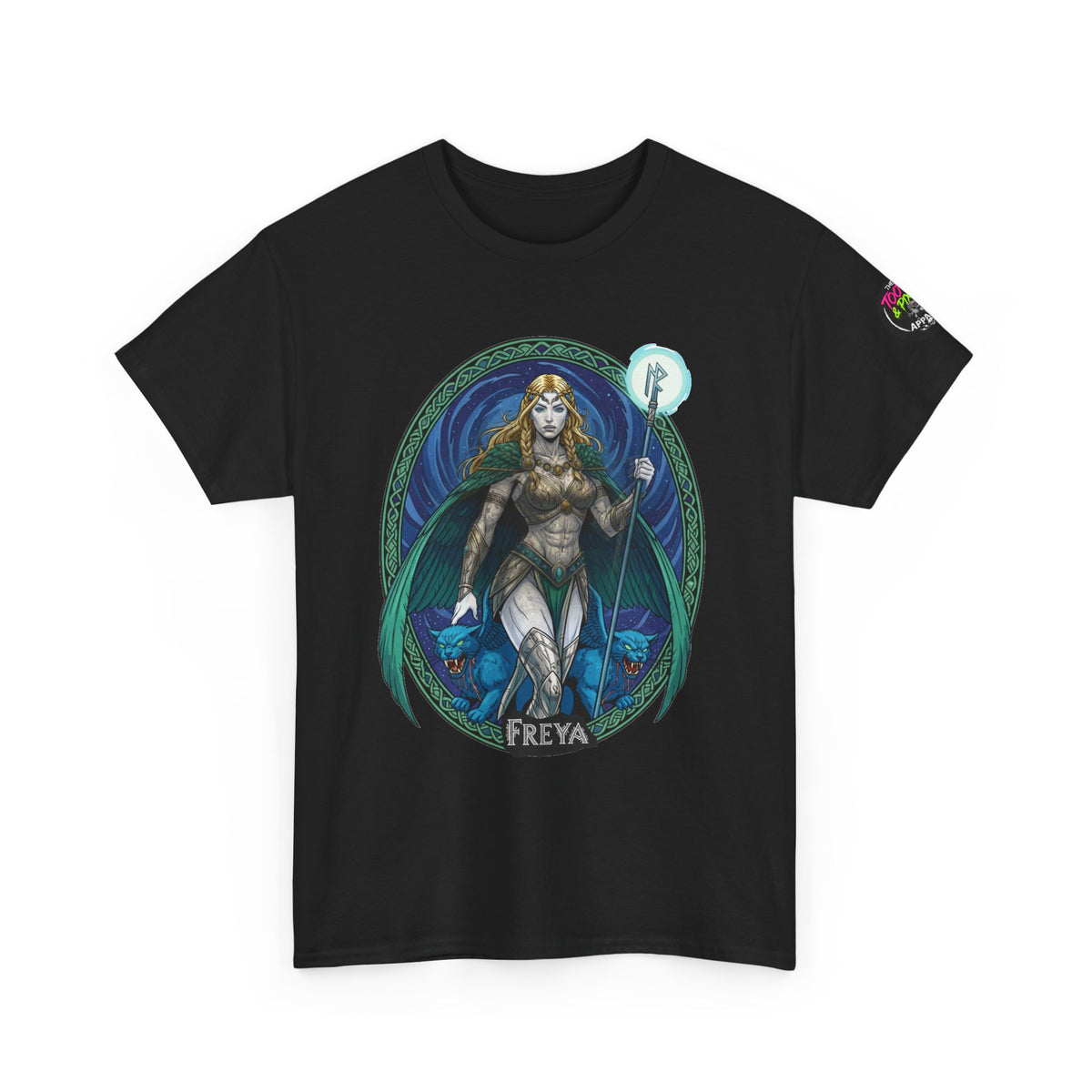Tooth and Pixel - Freya Norse Goddess T‑Shirt — Mythic Valkyrie Graphic Tee with Sleeve Logo