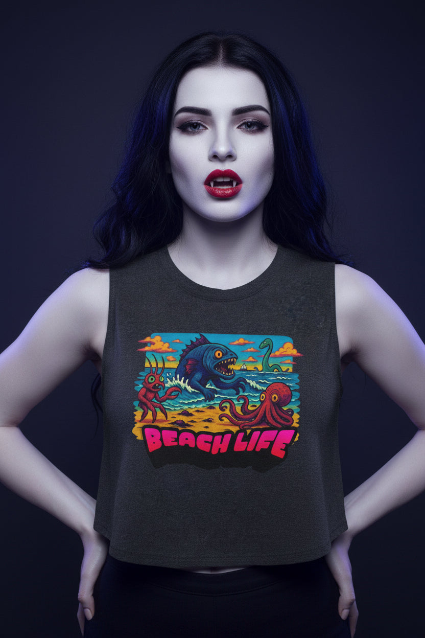 T&P- Funny Whimsical Beach Life Crop Top — Retro Surf Monster Graphic Tank for Summer