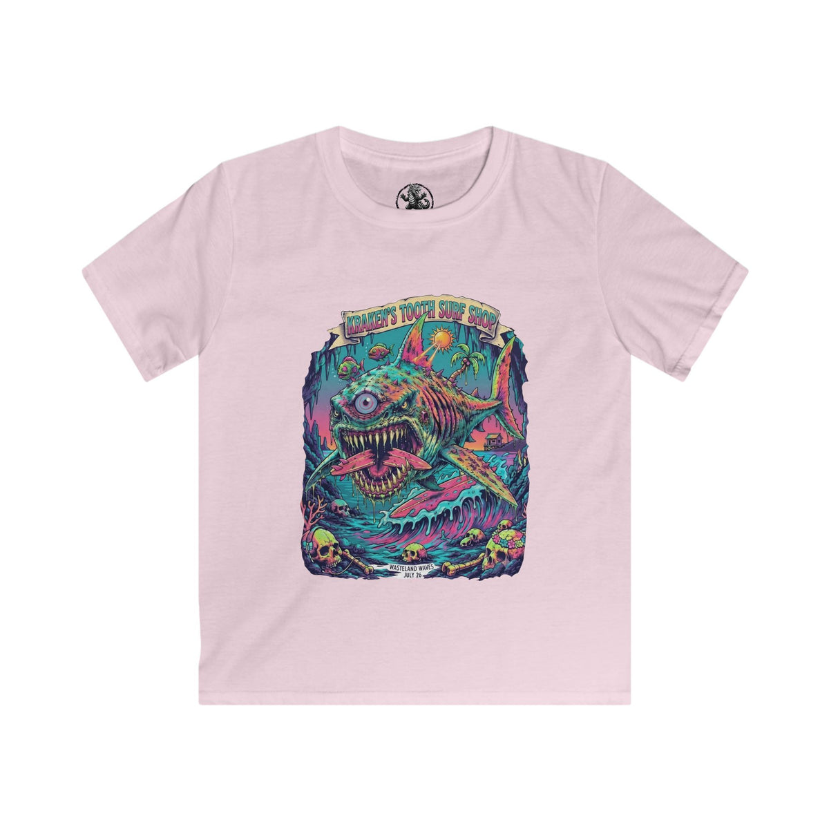 Tooth and Pixel- KID SIZE- 'Kraken's Surf Shop'— Neon Neo punk surf, Shark, Monster, endless fun.