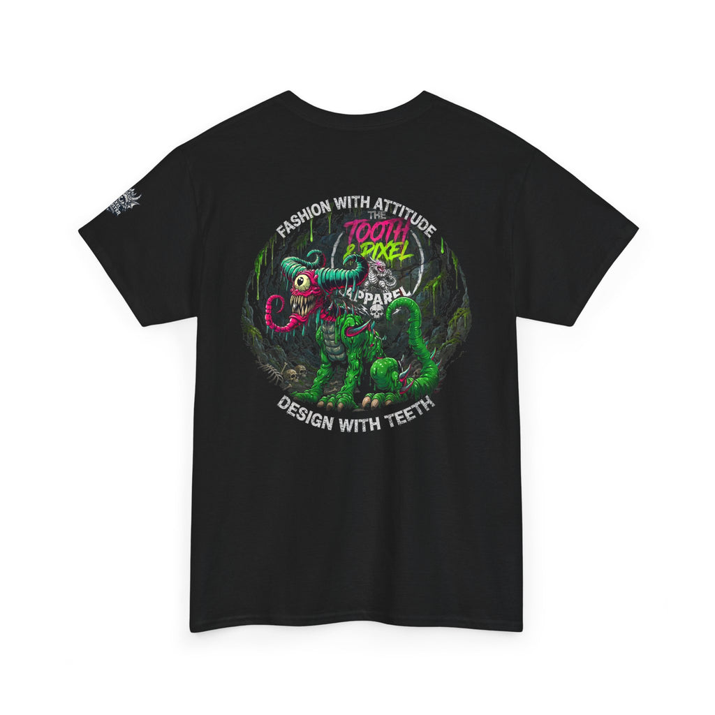 T&P- 'Ike' Green Cave Creature with Tooth and Pixel Logo. Unisex Adult Tee.
