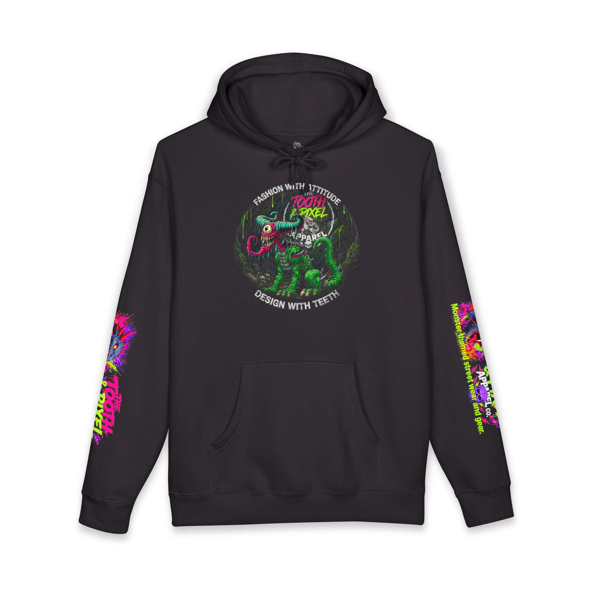 T&P- 'Ike'  Hoodie- Green Cave Creature with Tooth and Pixel Logo. Features colorful Sleeve branding