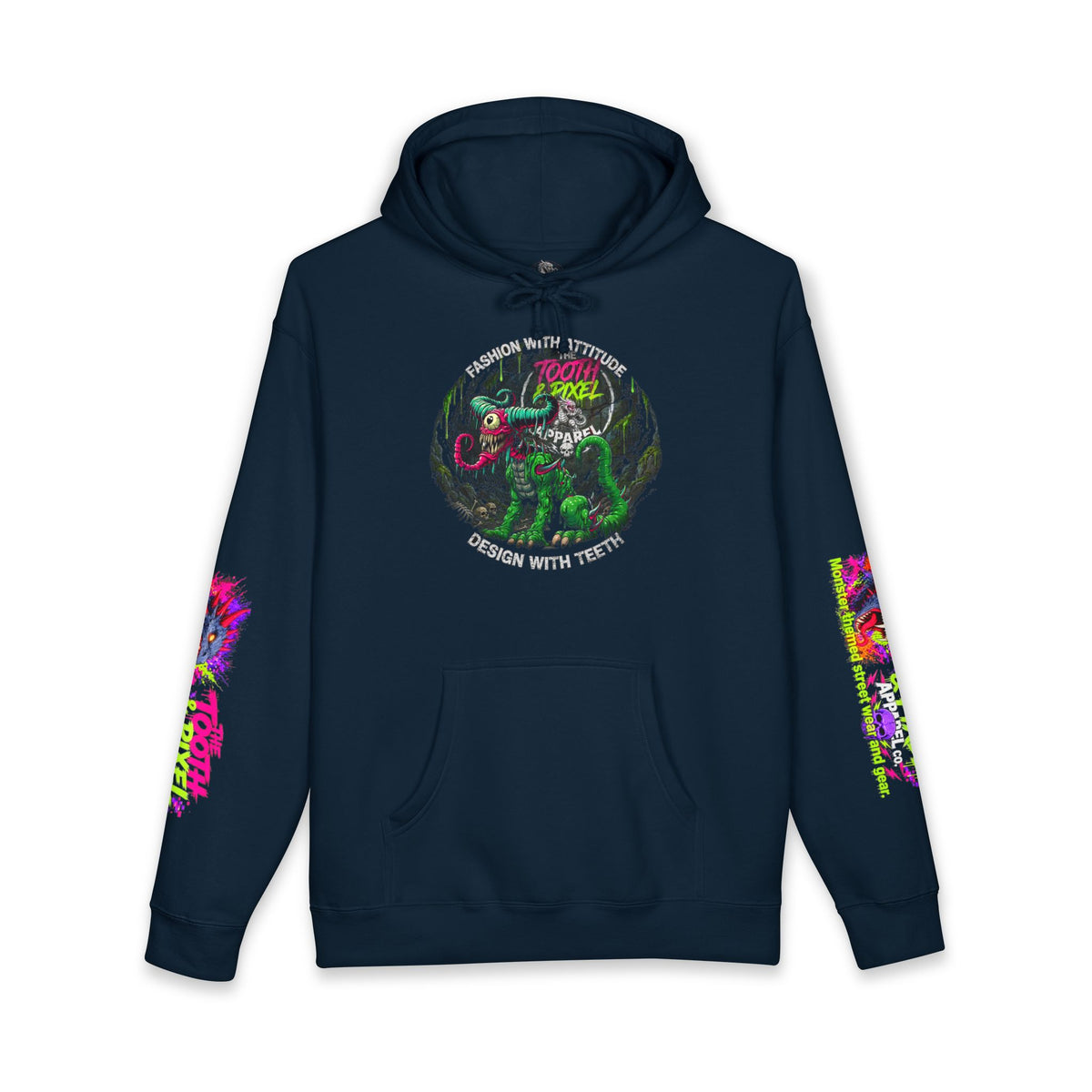 T&P- 'Ike'  Hoodie- Green Cave Creature with Tooth and Pixel Logo. Features colorful Sleeve branding
