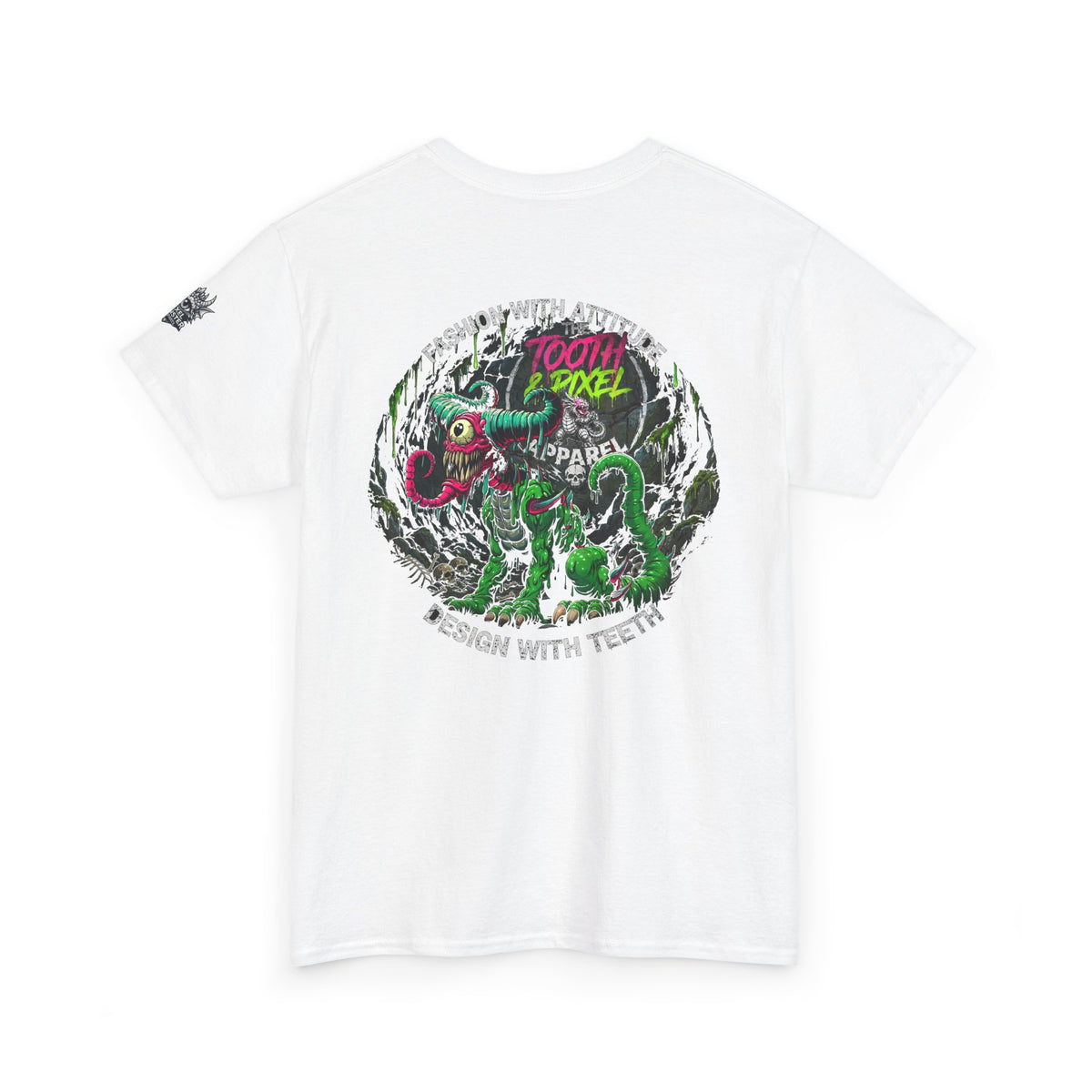 T&P- 'Ike' Green Cave Creature with Tooth and Pixel Logo. Unisex Adult Tee.