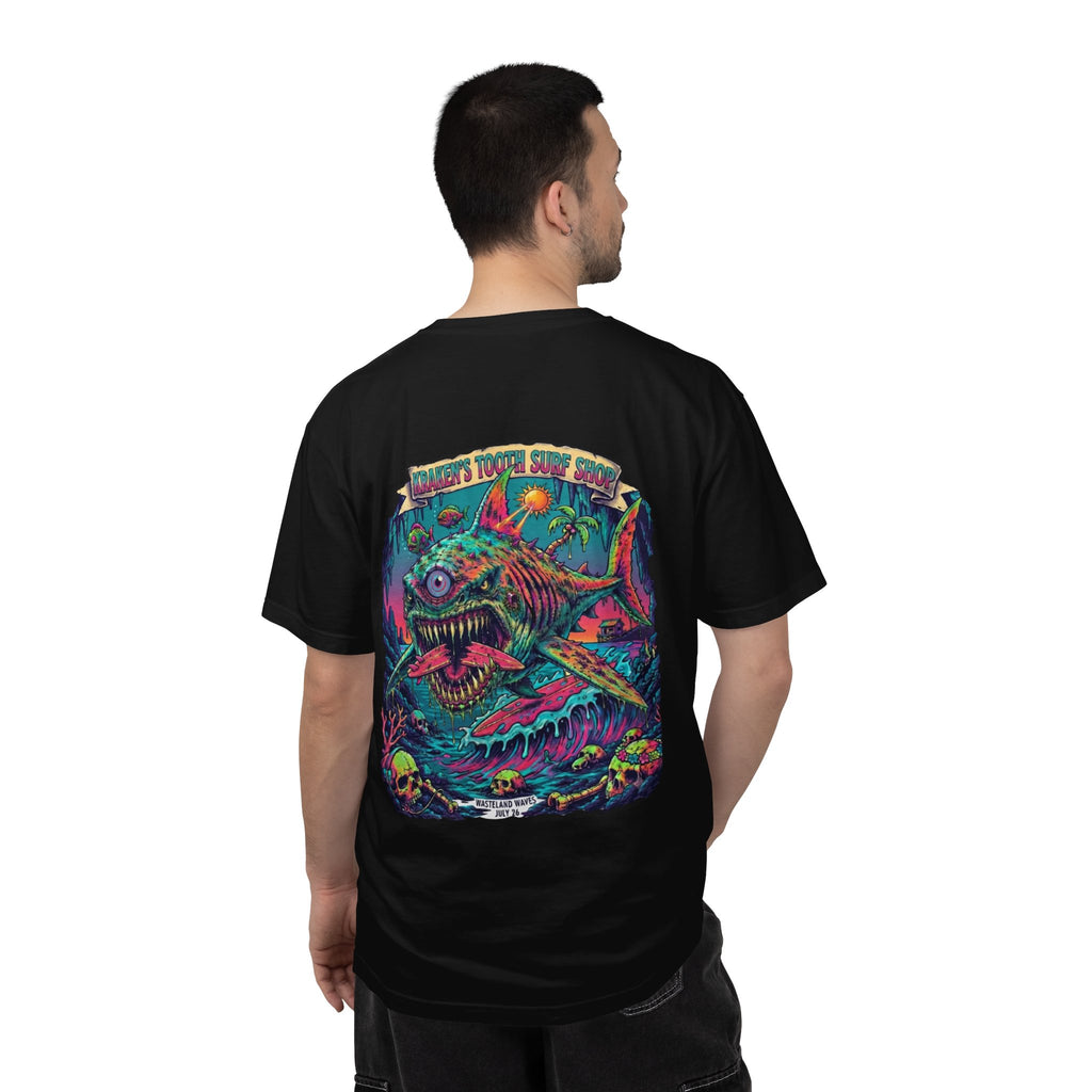 Tooth and Pixel- 'Kraken's Surf Shop'— Neon Neo punk surf, Shark, Monster, Large design T-shirt.