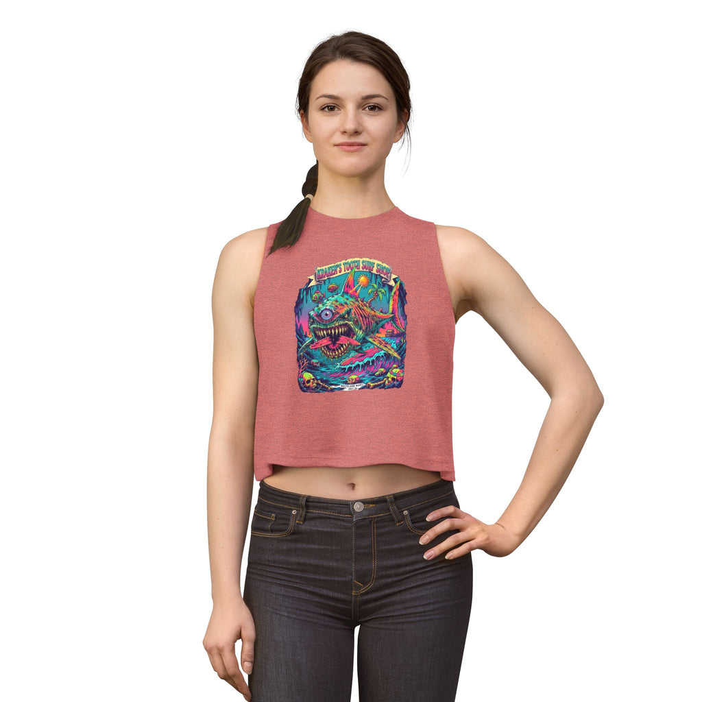 Tooth and Pixel- 'Kraken's Surf Shop'— Neon Neo punk surf, Shark, Monster Graphic Women's Crop Top.