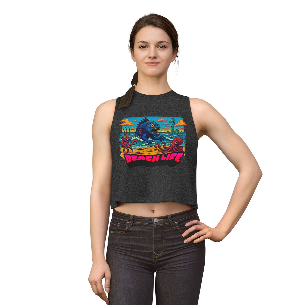 T&P- Funny Whimsical Beach Life Crop Top — Retro Surf Monster Graphic Tank for Summer