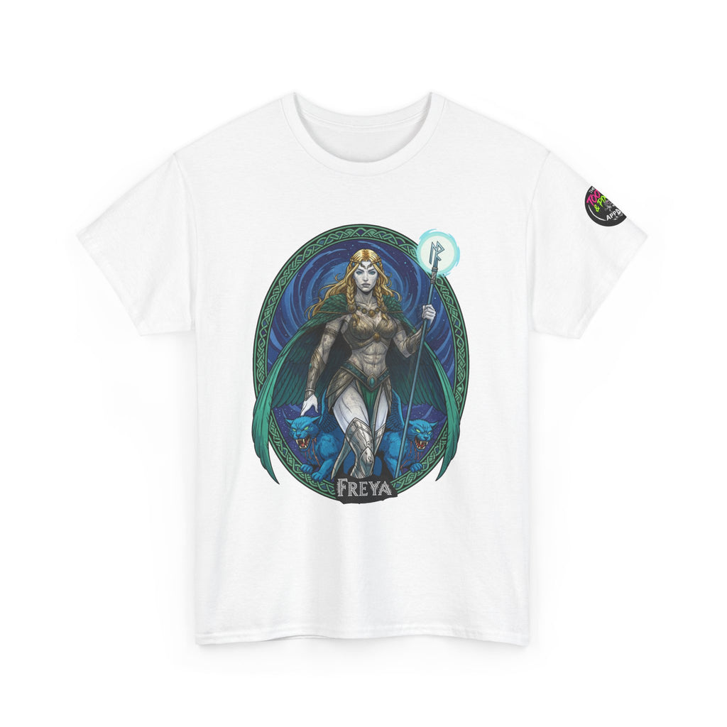 Tooth and Pixel - Freya Norse Goddess T‑Shirt — Mythic Valkyrie Graphic Tee with Sleeve Logo