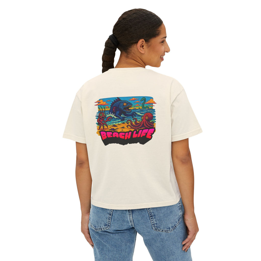 T&P- Whimsical Beach Life Women's Boxy Tee — Funny Scary Sea Creatures Vacation Shirt