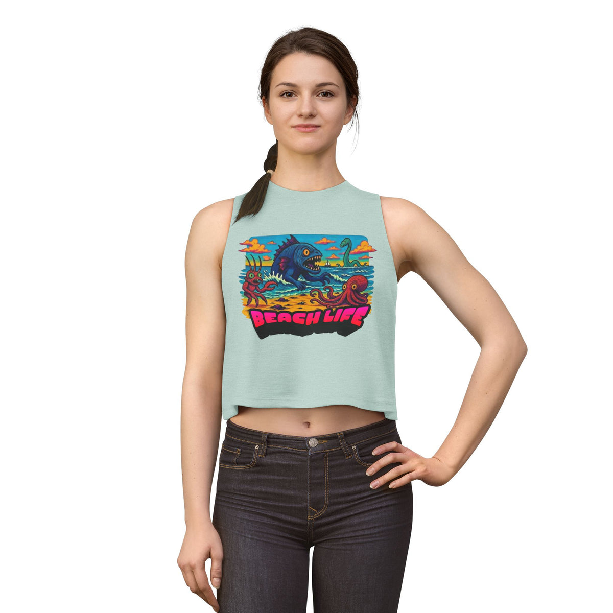 T&P- Funny Whimsical Beach Life Crop Top — Retro Surf Monster Graphic Tank for Summer