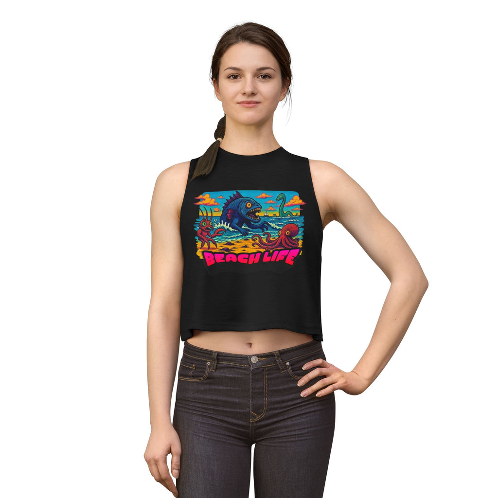T&P- Funny Whimsical Beach Life Crop Top — Retro Surf Monster Graphic Tank for Summer