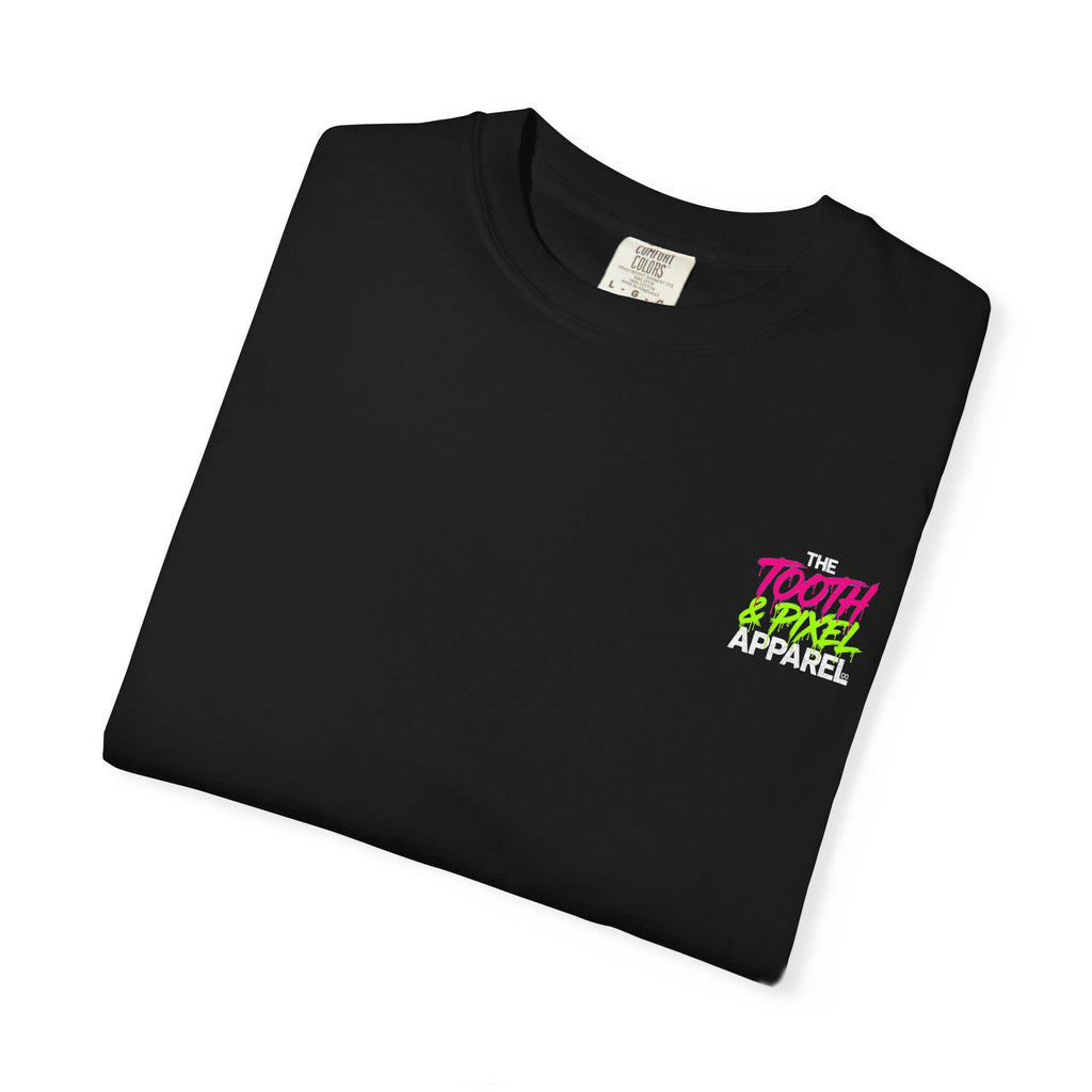 Tooth and Pixel- 'Kraken's Surf Shop'— Neon Neo punk surf, Shark, Monster, Large design T-shirt.