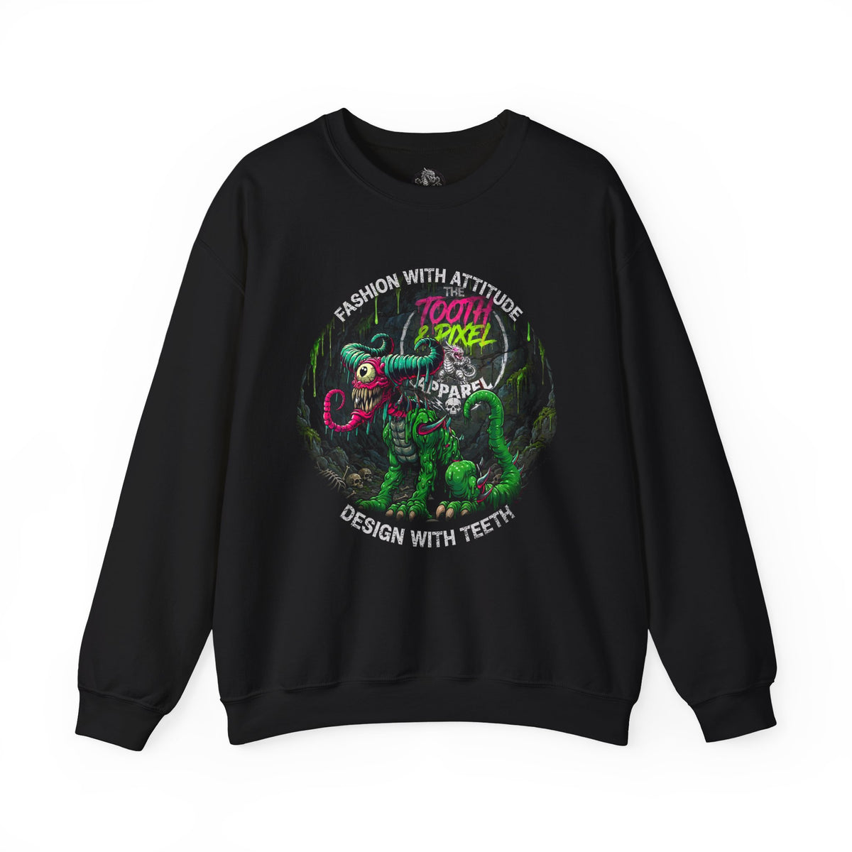 Tooth and Pixel- 'Ike'- Crewneck Sweatshirt — Cave Dwelling Green Cyclops with Logo.
