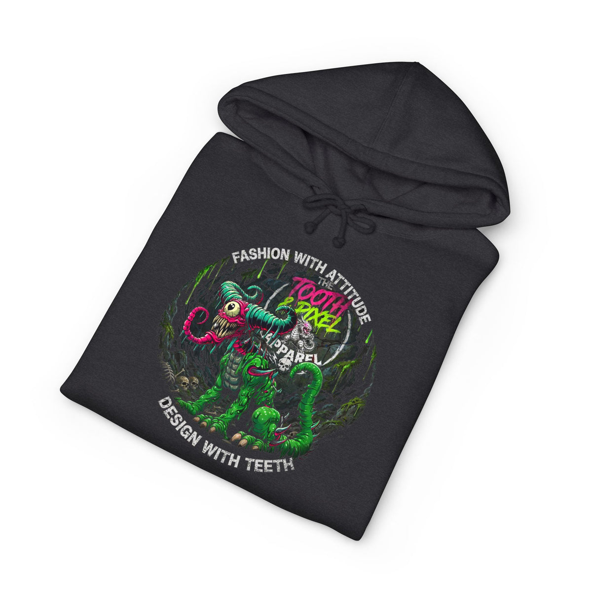 T&P- 'Ike'  Hoodie- Green Cave Creature with Tooth and Pixel Logo. Features colorful Sleeve branding
