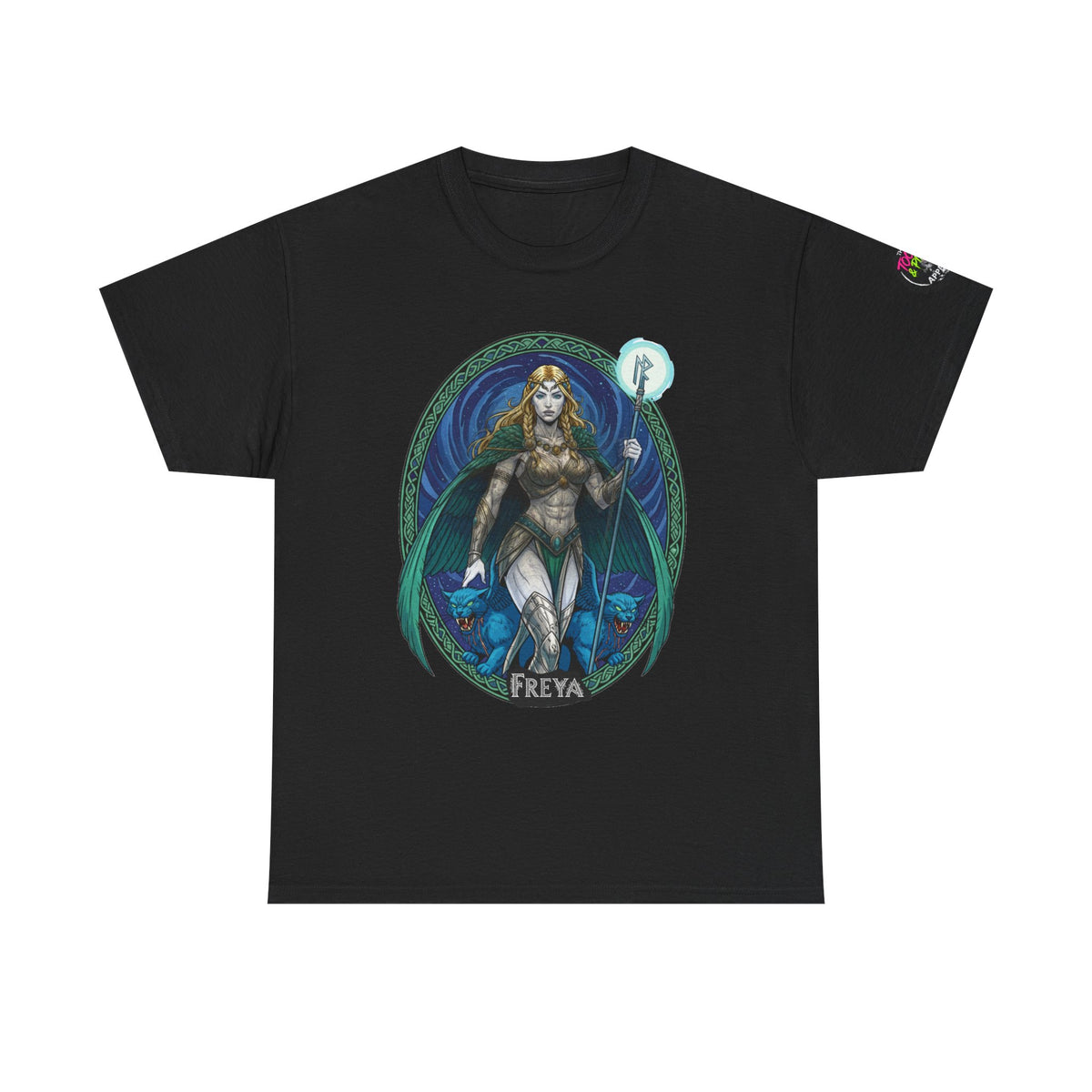 Tooth and Pixel - Freya Norse Goddess T‑Shirt — Mythic Valkyrie Graphic Tee with Sleeve Logo