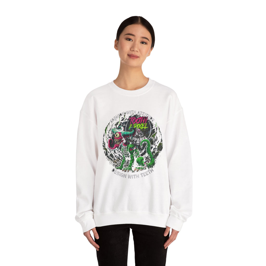 Tooth and Pixel- 'Ike'- Crewneck Sweatshirt — Cave Dwelling Green Cyclops with Logo.