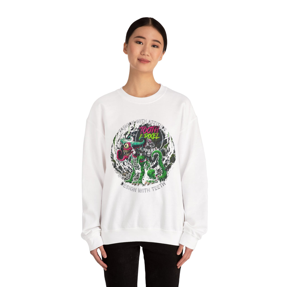 Tooth and Pixel- 'Ike'- Crewneck Sweatshirt — Cave Dwelling Green Cyclops with Logo.