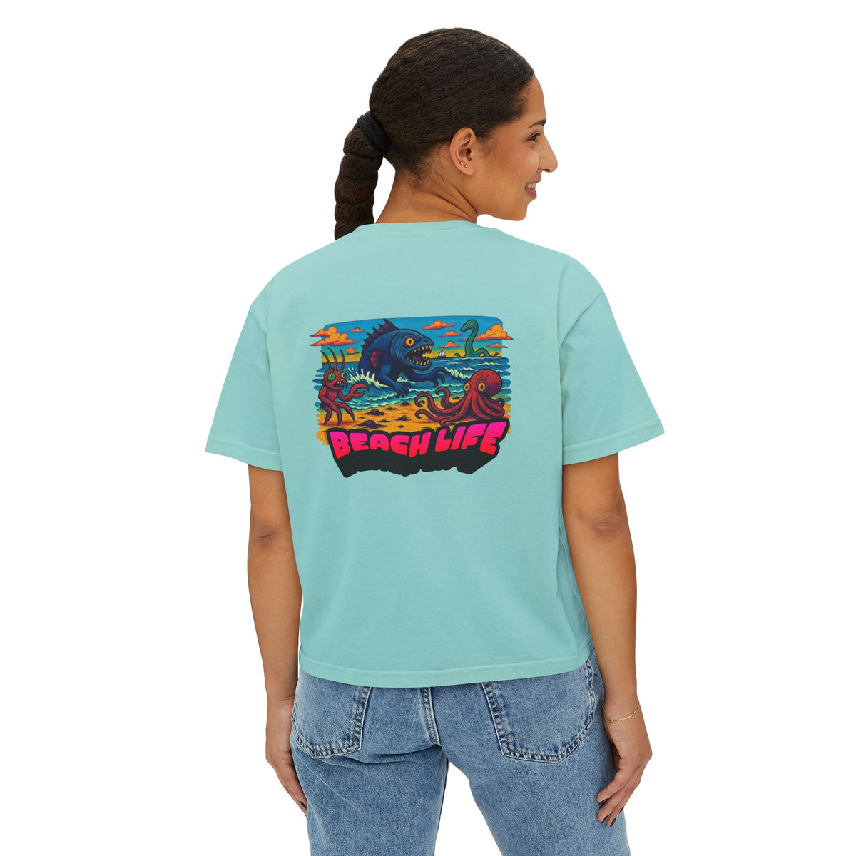 T&P- Whimsical Beach Life Women's Boxy Tee — Funny Scary Sea Creatures Vacation Shirt