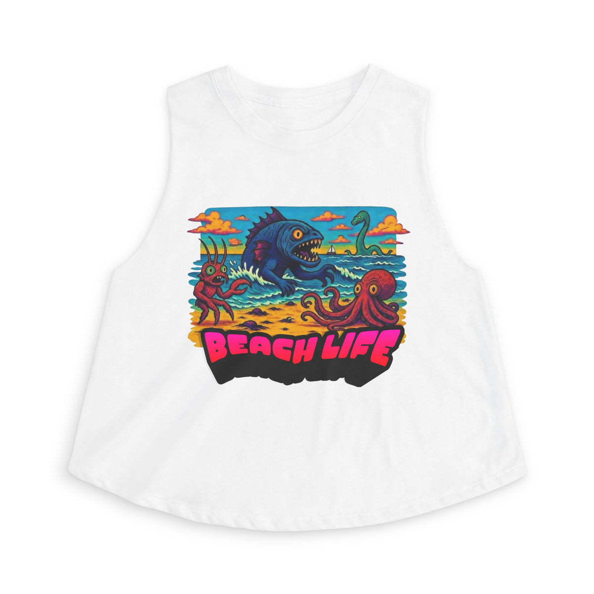 T&P- Funny Whimsical Beach Life Crop Top — Retro Surf Monster Graphic Tank for Summer