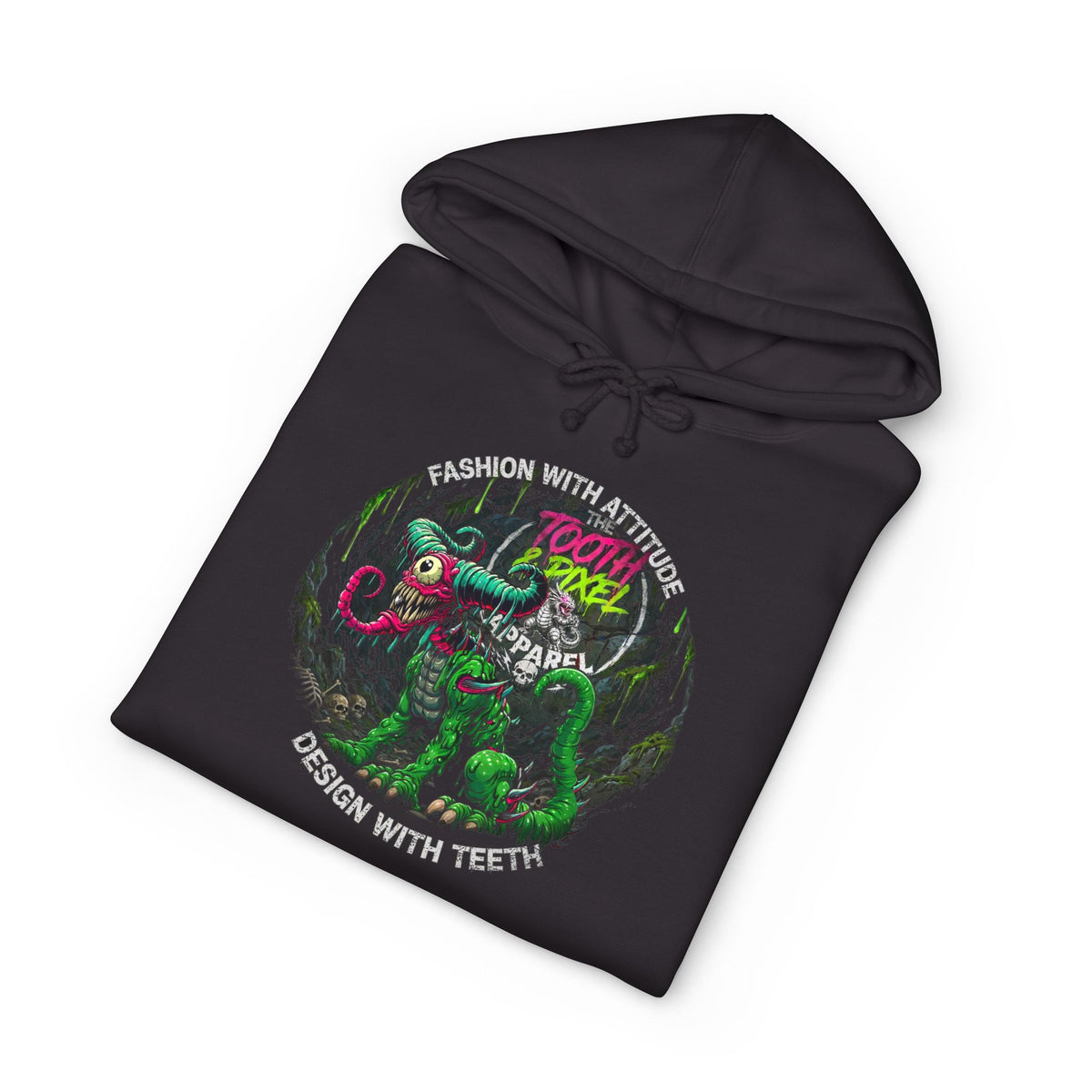 T&P- 'Ike'  Hoodie- Green Cave Creature with Tooth and Pixel Logo. Features colorful Sleeve branding