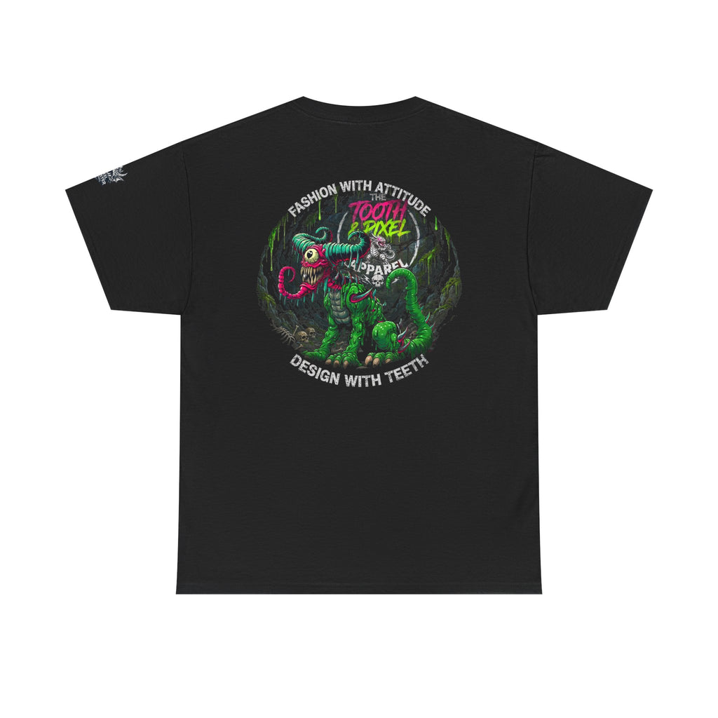 T&P- 'Ike' Green Cave Creature with Tooth and Pixel Logo. Unisex Adult Tee.